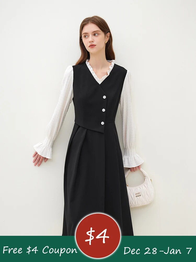 FSLE V넥 패치워크 디자인 여성용 긴 블랙 드레스, 오피스 레이디 2023 겨울 능직 두꺼운 중간 길이 원피스