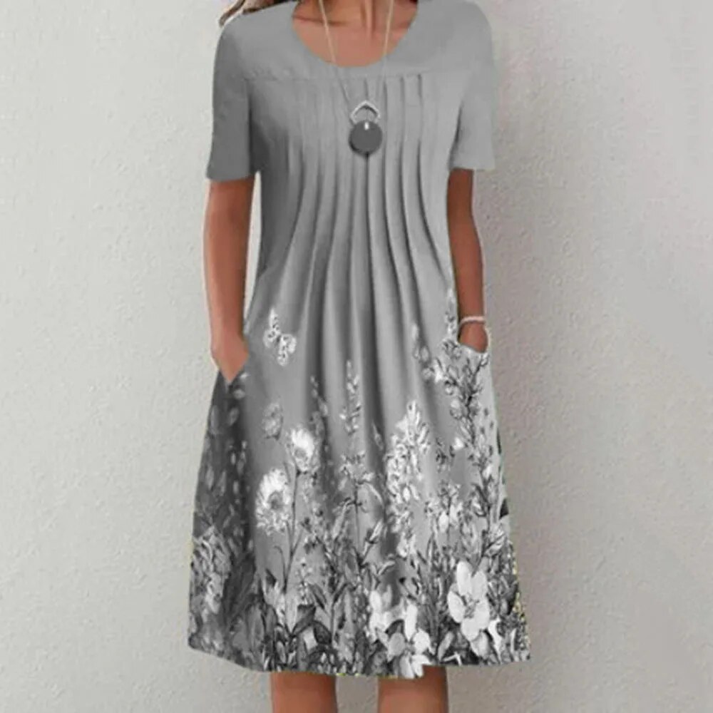 우아한 여성 라운드넥 프린트 포켓 드레스, 용수철 여름 오피스 레이디 패션, 반팔 원피스 S-3XL
